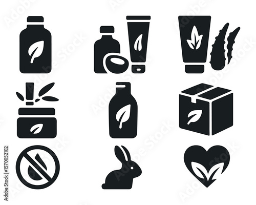 Organic Hair Care Icons. Solid, filled icons set of natural and organic hair products: leaf-labeled bottle,