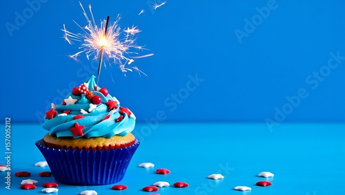 Festive blue frosted cupcake adorned with red and white star sprinkles and a lit sparkler against a vibrant blue background