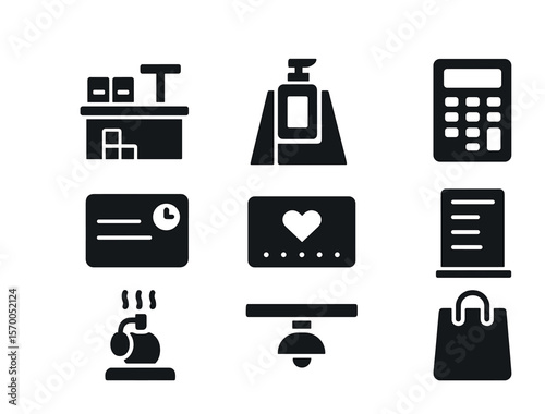 Salon Icon Set. Solid, filled icons set of salon front counter display: retail stand, featured product tag,