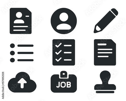 Job Application Icons. Solid, filled icons set of resume building and job application tips: resume document,