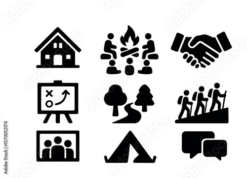 Executive Retreat Icons. Solid, filled icons set of executive and leadership retreats: mountain lodge,