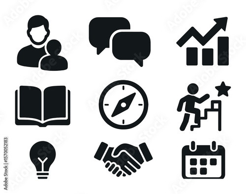 Leadership Coaching Icons. Solid, filled icons set of leadership coaching and mentoring: mentor figure, chat