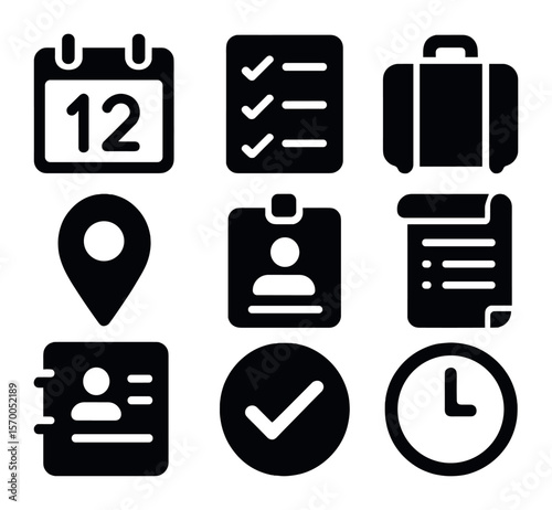 Event Planning Icons. Solid, filled icons set of retreat event planning tools: calendar date, to-do list,