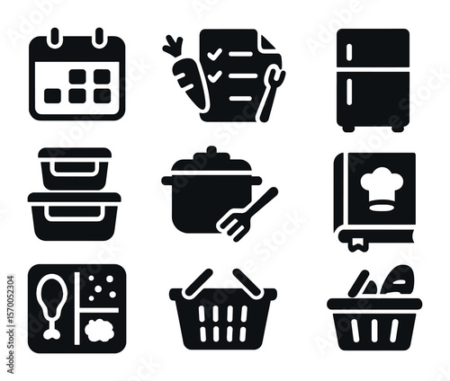 Meal Planning Icons. Solid, filled icons set of meal planning routines: calendar, grocery list, meal box,