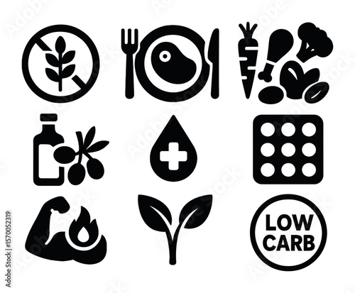 Dietary Preference Icons. Solid, filled icons set of dietary preferences: gluten-free badge, keto plate, paleo