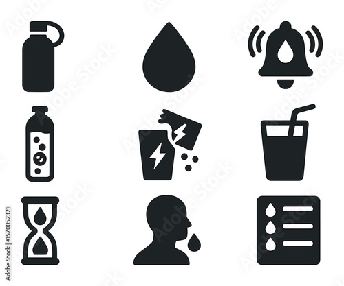 Hydration Icons Grid. Solid, filled icons set of hydration habits: reusable bottle, water drop, hydration