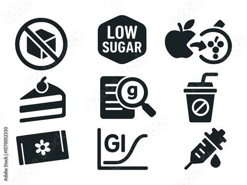 Sugar Intake Icons. Solid, filled icons set of reducing sugar intake: sugar cube crossed out, low-sugar label,