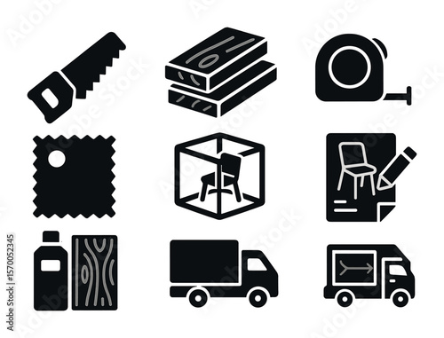 Custom Furniture Icons. Solid, filled icons set of custom-made furniture services: carpenter saw, wooden