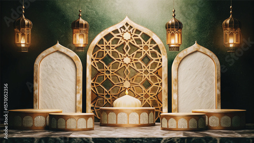 Elegant Eastern Display: An opulent interior scene adorned with ornate design elements including arches, domes, and intricate patterns is lit by warm hanging lanterns.