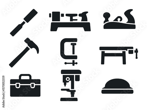 Wood Crafting Icons. Solid, filled icons set of wood crafting tools: chisel, wood lathe, hand planer, hammer,