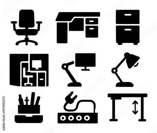 Office Furniture Icons. Solid, filled icons set of office furniture solutions: ergonomic chair, L-shaped desk,