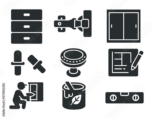 Modern Cabinet Icons. Solid, filled icons set of modern cabinet making: drawer unit, cabinet hinge, sliding