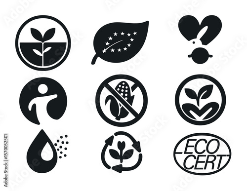 Organic Certification Icons. Solid, filled icons set of organic product certification: USDA organic, EU leaf