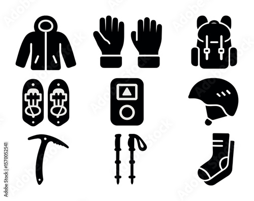 Snowy Mountain Gear Icons. Solid, filled icons set of snowy mountain gear: snow jacket, insulated gloves,