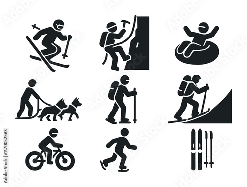 Winter Adventure Icons. Solid, filled icons set of winter adventure sports: freestyle skiing, ice climbing,