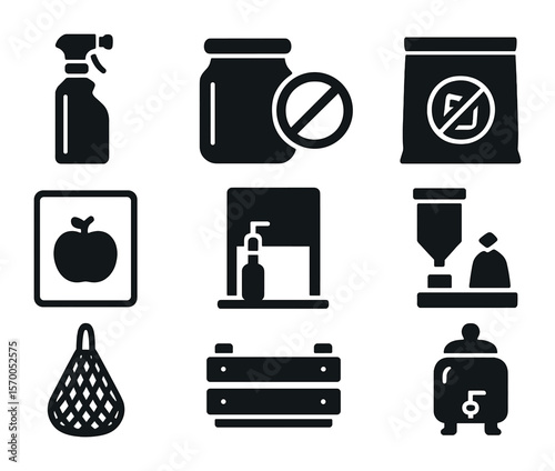 Zero-Waste Packaging Icons. Solid, filled icons set of zero-waste packaging: refillable bottle, returnable jar