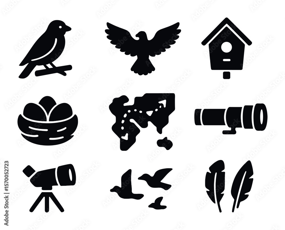 Fototapeta premium Bird Conservation Icons. Solid, filled icons set of bird conservation and photography: perched bird, wing span