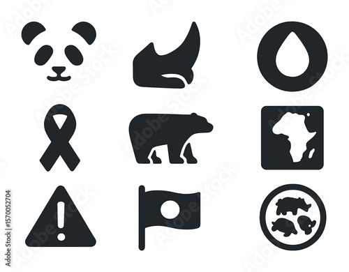 Endangered Species Icons. Solid, filled icons set of endangered species awareness: panda face, rhino horn, red