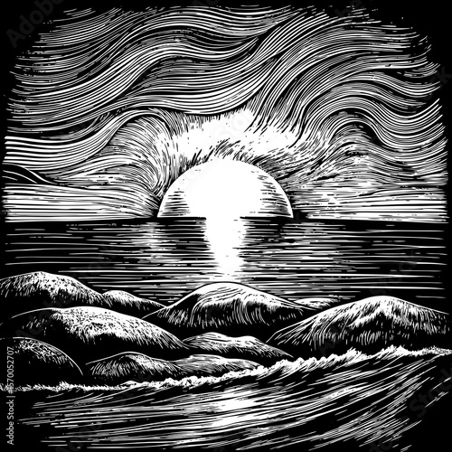 Vector design of a dramatic sunset over waves for nature-inspired art and branding