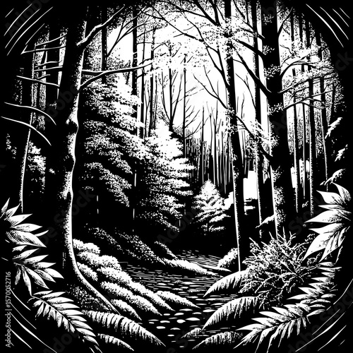 Vector design of a lush forest path for nature illustration and conservation projects