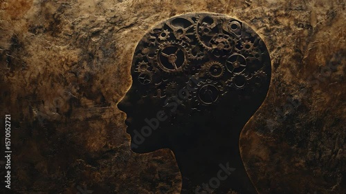 Metallic head silhouette with intricate gears inside, set against a textured brown background.