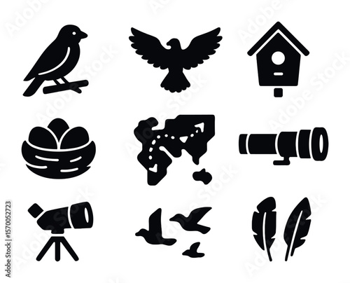 Bird Conservation Icons. Solid, filled icons set of bird conservation and photography: perched bird, wing span