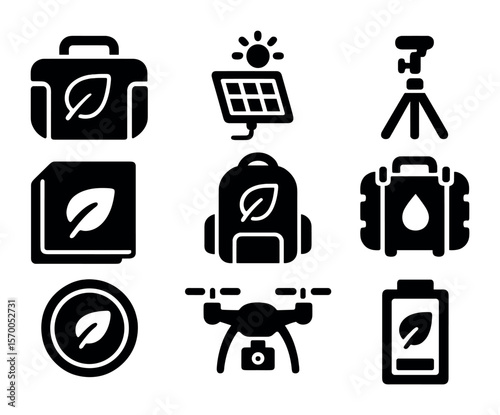 Sustainable Photography Gear Icons. Solid, filled icons set of sustainable photography gear: eco-friendly