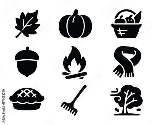 Autumn Icons Collection. Solid, filled icons set of autumn scenery and traditions: falling leaf, pumpkin,