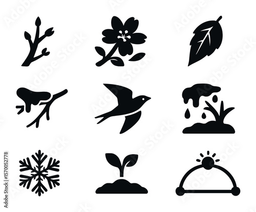Seasonal Nature Icons. Solid, filled icons set of seasonal nature changes: budding tree, full bloom, falling