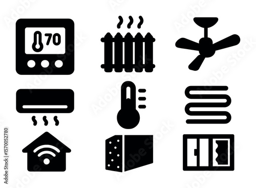 Room Temperature Controls. Solid, filled icons set of room temperature control: thermostat, radiator, ceiling