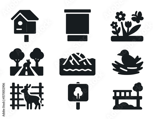 Wildlife Habitat Icons. Solid, filled icons set of wildlife habitat recovery: birdhouse, bat box, pollinator