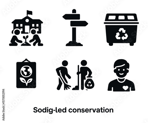 Conservation Icon Set. Solid, filled icons set of community-led conservation: school planting, local signpost,
