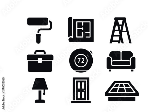 Home Improvement Icons. Solid, filled icons set of home improvement dreams: paint roller, blueprint, ladder,