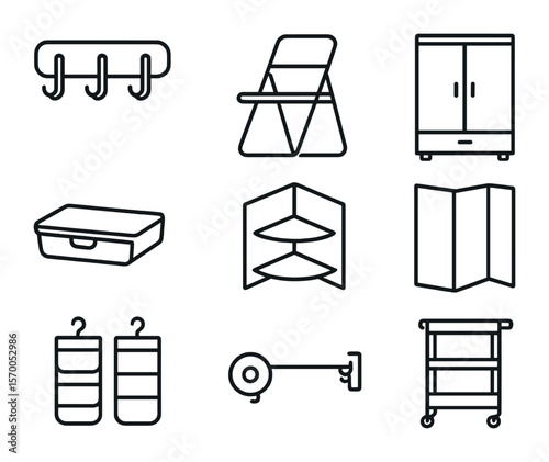 Compact Living Icons. Outline icon set of compact living essentials: wall hooks, foldable chairs, compact