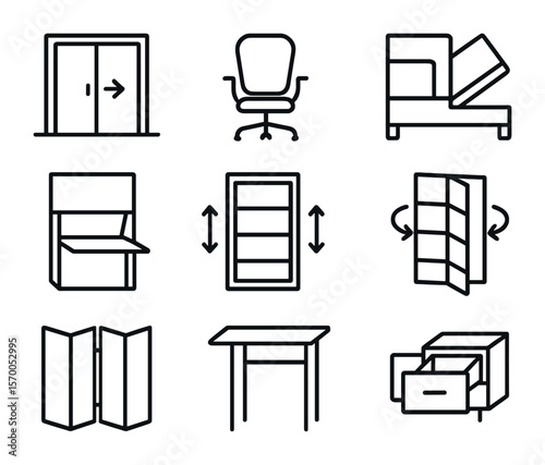 Innovative Furniture Icons. Outline icon set of innovative furniture mechanisms: sliding doors, swivel chairs,