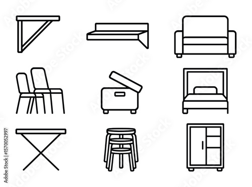 Space-Saving Furniture Icons. Outline icon set of space-saving furniture for tiny homes: foldable table,