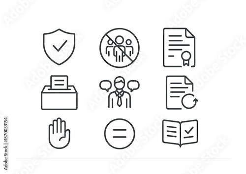 Anti-Discrimination Icon Set. Outline icon set of anti-discrimination policies: shield, no discrimination sign