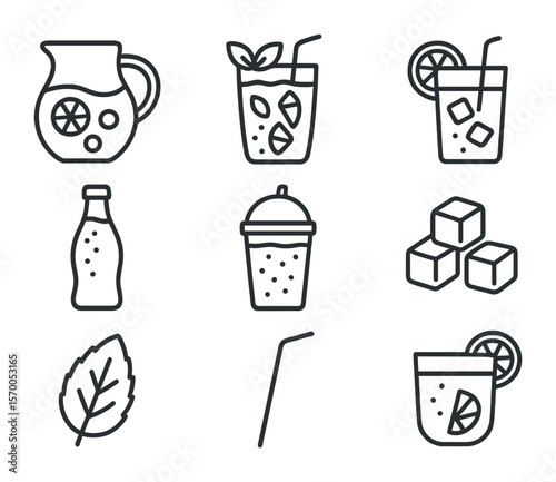 Mocktails Icon Set. Outline icon set of mocktails and non-alcoholic drinks: fruit punch, virgin mojito,