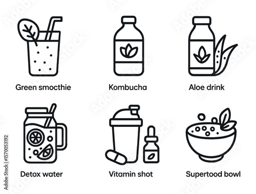 Health Drink Icons. Outline icon set of health drinks and tonics: green smoothie, kombucha bottle, aloe vera