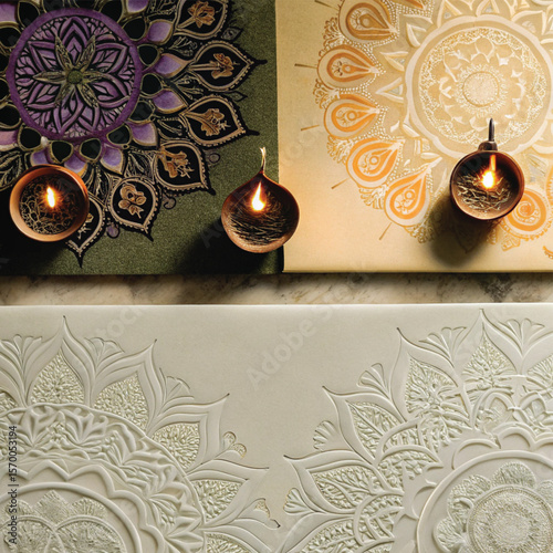 Zen Mandala Art & Candles: Evoking serenity, a tapestry of handcrafted mandalas graces the scene, illuminated by the gentle glow of flickering candles. A visual ode to meditation, mindfulness.