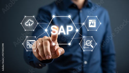 Businessman s finger touching the sap logo connected to cloud computing artificial intelligence and data analytics icons