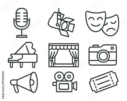 Festival Performance Icons. Outline icon set of festival performances and stages: vintage microphone,