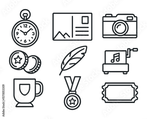 Vintage Souvenir Icons. Outline icon set of vintage festival souvenirs: pocket watch, retro postcard, film