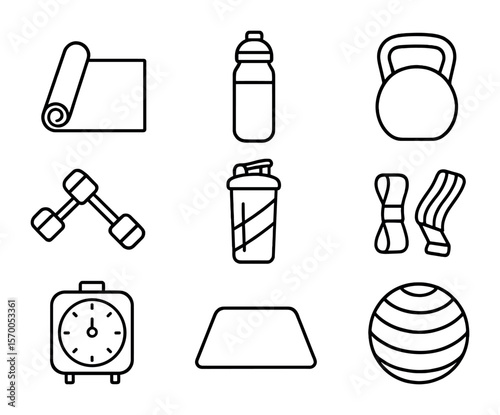 Home Workout Icons. Outline icon set of home workout setup: yoga mat, water bottle, kettlebell, protein shake,