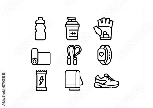 Gym Essentials Icons. Outline icon set of gym essentials and nutrition: water bottle, protein shake, gym