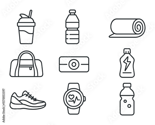 Fitness Icon Set. Outline icon set of pre and post workout items: protein shake, water bottle, yoga mat, gym