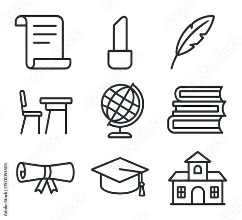 Education Icons Grid. Outline icon set of education system evolution: scroll document, chalk holder, quill