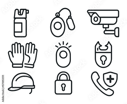 Personal Safety Icons. Outline icon set of personal safety and self-defense: pepper spray, safety whistle,