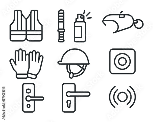 Personal Protection Icons. Outline icon set of personal protection gear: safety vest, stun baton, pepper spray
