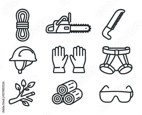 Arborist Tool Icons. Outline icon set of arborist tools: climbing rope, chainsaw, pruning saw, helmet, gloves,